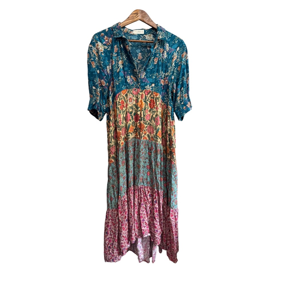 Natural Life Midi Dress Womens Medium Multi Floral Patchwork Boho Excellent